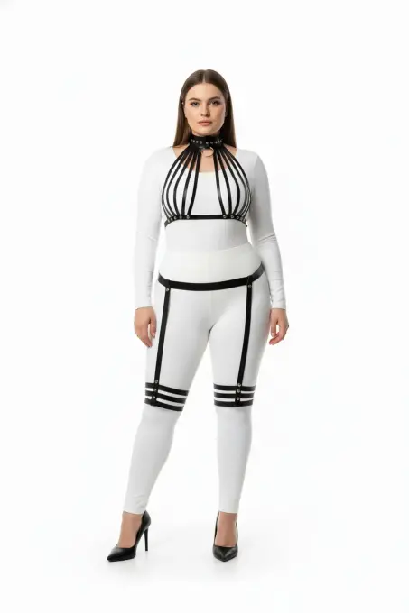 Büyük Beden Siyah Kadın Deri Harness Takım Jartiyerli Fantezi Vücut Aksesuarı - APFT552 - 1