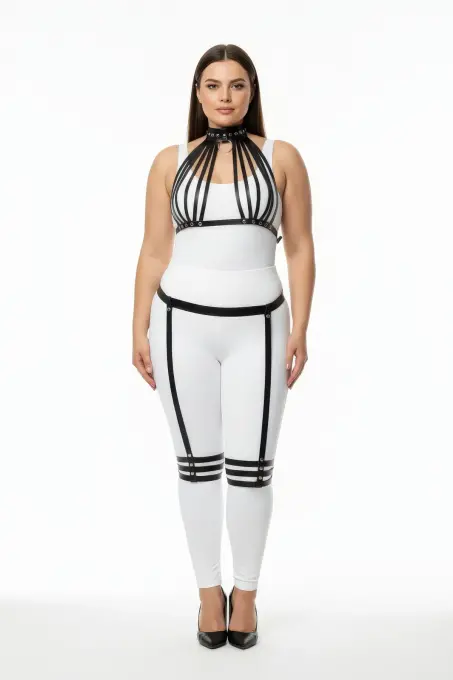 Büyük Beden Siyah Kadın Deri Harness Takım Jartiyerli Fantezi Vücut Aksesuarı - APFT552 - Angels Passion (1)