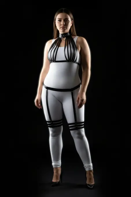 Büyük Beden Siyah Kadın Deri Harness Takım Jartiyerli Fantezi Vücut Aksesuarı - APFT552 - 3