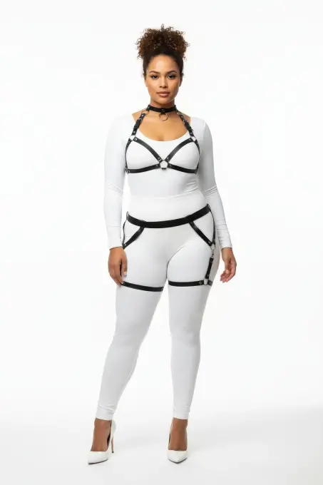 Büyük Beden Siyah Kadın Deri Harness Takım Jartiyerli Halka Detaylı - APFT478 - 1