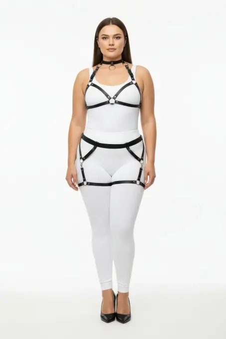 Büyük Beden Siyah Kadın Deri Harness Takım Jartiyerli Halka Detaylı - APFT478 - 2