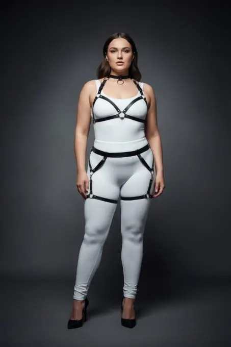 Büyük Beden Siyah Kadın Deri Harness Takım Jartiyerli Halka Detaylı - APFT478 - 4