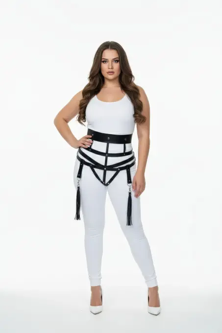 Büyük Beden Siyah Kadın Deri Harness Takım Jartiyerli Püskül Detaylı - APFT397 - 1
