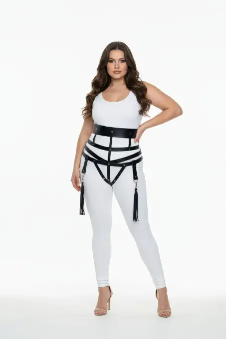 Büyük Beden Siyah Kadın Deri Harness Takım Jartiyerli Püskül Detaylı - APFT397 - 2
