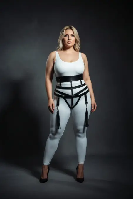 Büyük Beden Siyah Kadın Deri Harness Takım Jartiyerli Püskül Detaylı - APFT397 - 4