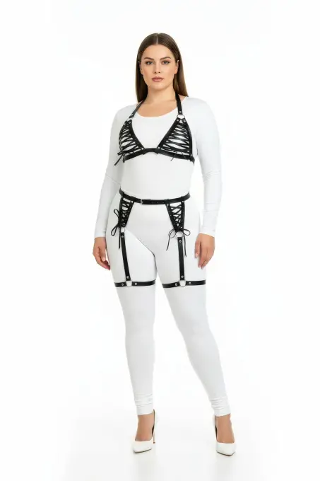 Büyük Beden Siyah Kadın Deri Harness Takım Jartiyerli ve Bağcıklı Fantezi Kombin - APFT1389 - 2