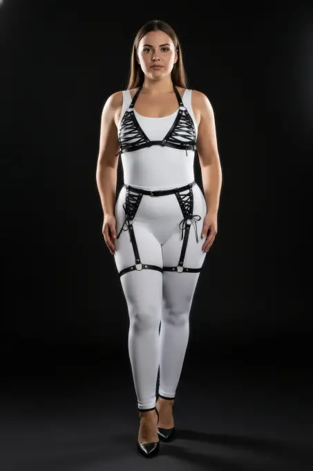 Büyük Beden Siyah Kadın Deri Harness Takım Jartiyerli ve Bağcıklı Fantezi Kombin - APFT1389 - 3