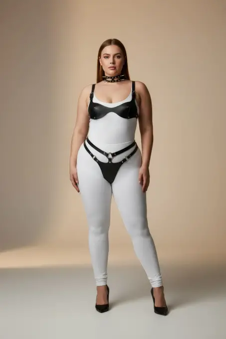 Büyük Beden Siyah Kadın Deri Harness Takım Tasma ve Halka Detaylı Fantezi Aksesuar - APFT1298 - 1