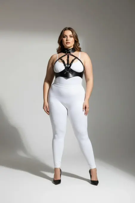 Büyük Beden Siyah Kadın Deri Harness Takım Yüksek Yaka Kombin Aksesuarı - APFT1286 - 1