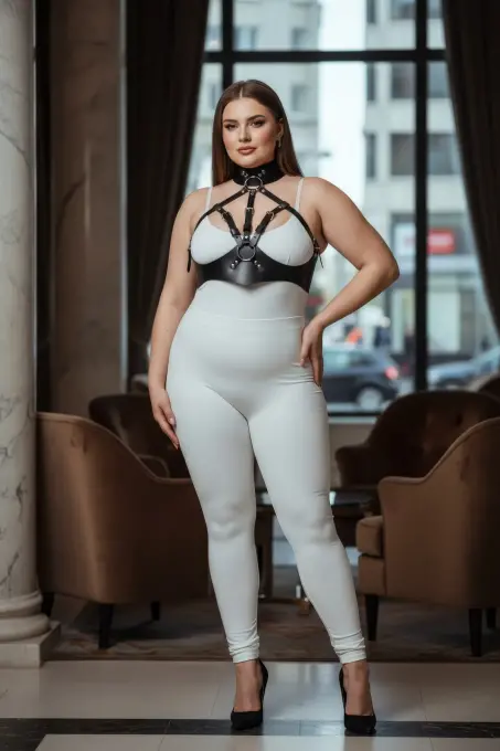 Büyük Beden Siyah Kadın Deri Harness Takım Yüksek Yaka Kombin Aksesuarı - APFT1286 - 3