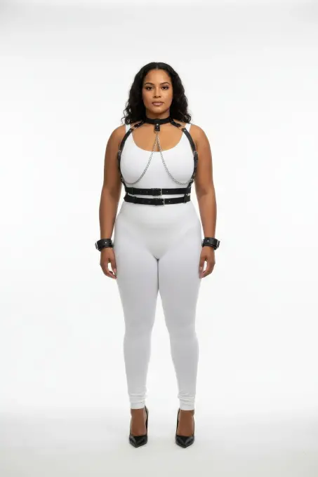 Büyük Beden Siyah Kadın Deri Harness Takım Zincir Detaylı Fantazi Full Set - APFT720 - 1