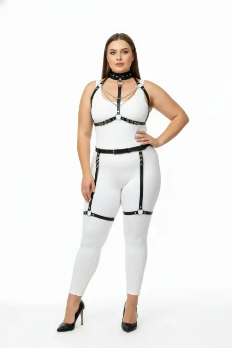 Büyük Beden Siyah Kadın Deri Harness Takım Zincir Detaylı Fantezi Aksesuar - APFT1081 - 1