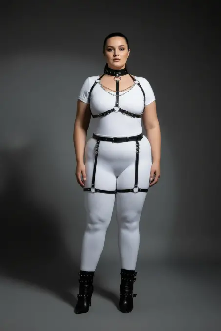 Büyük Beden Siyah Kadın Deri Harness Takım Zincir Detaylı Fantezi Aksesuar - APFT1081 - 4