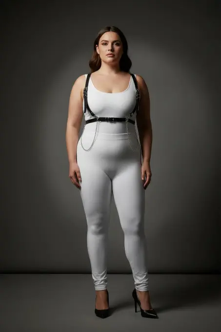 Büyük Beden Siyah Kadın Deri Harness Takım Zincir Detaylı Şık Aksesuar - APFT1176 - 2