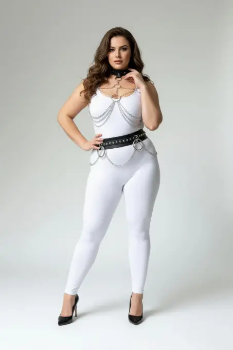 Büyük Beden Siyah Kadın Deri Harness Takım Zincir Detaylı Vücut Aksesuarı - APFT413 - 1