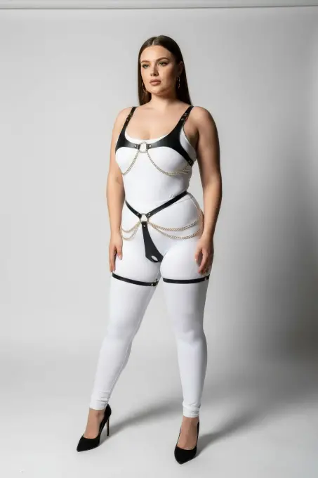 Büyük Beden Siyah Kadın Deri Harness Takım Zincir ve Halka Detaylı - APFT1384 - 2