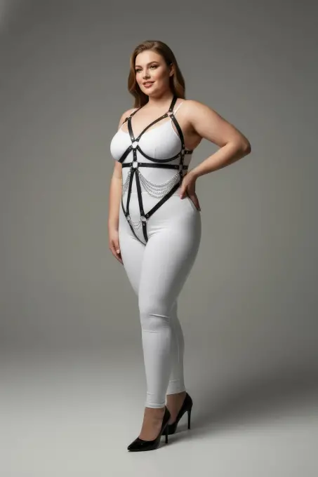 Büyük Beden Siyah Kadın Deri Harness Takım Zincir ve Halka Detaylı Fantezi Aksesuar - APFT441 - 1