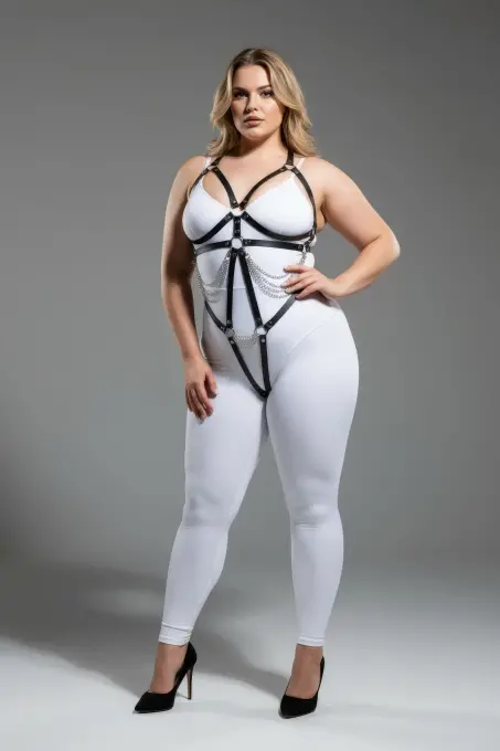 Büyük Beden Siyah Kadın Deri Harness Takım Zincir ve Halka Detaylı Fantezi Aksesuar - APFT441 - 2