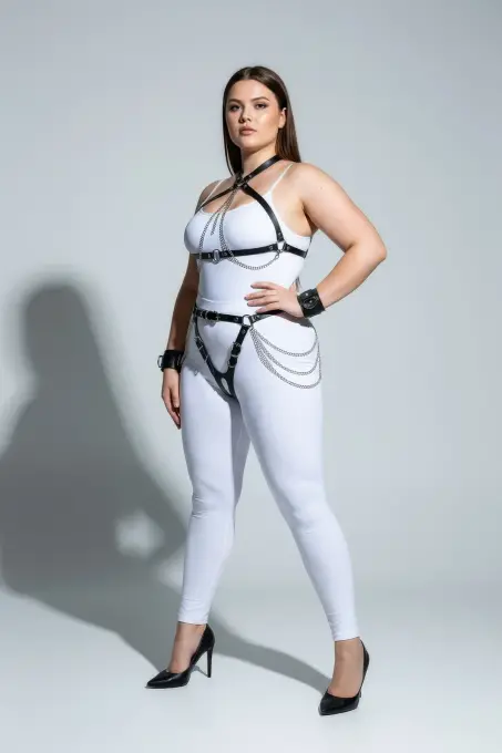 Büyük Beden Siyah Kadın Deri Harness Takım Zincir ve Jartiyer Detaylı - APFT1224 - 3