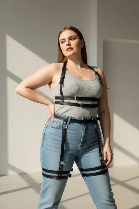 Büyük Beden Siyah Kadın Deri Jartiyer Harness Alt Üst Vücut Aksesuarı - APFT537 - 1