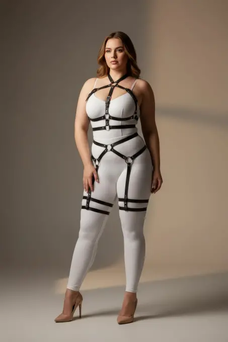 Büyük Beden Siyah Kadın Deri Jartiyer Harness Bel ve Bacak Detaylı Şık Aksesuar - APFT598 - 1