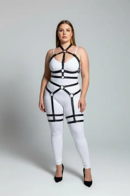 Büyük Beden Siyah Kadın Deri Jartiyer Harness Bel ve Bacak Detaylı Şık Aksesuar - APFT598 - 4