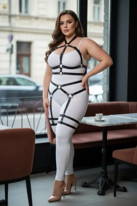 Büyük Beden Siyah Kadın Deri Jartiyer Harness Bel ve Bacak Detaylı Şık Aksesuar - APFT598 - 5