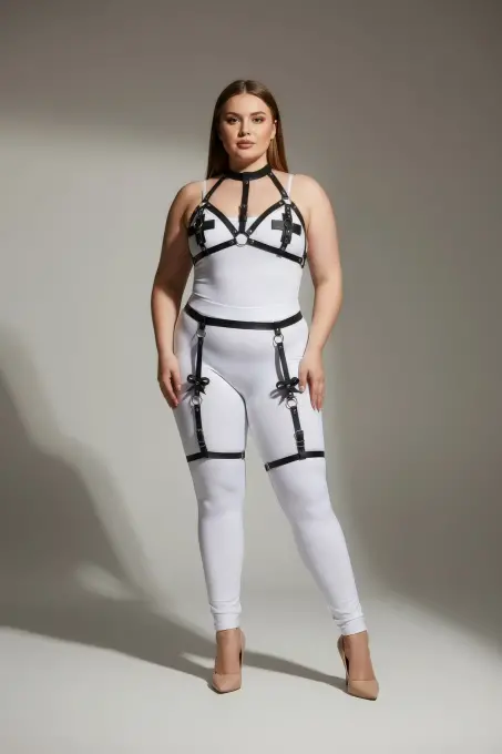 Büyük Beden Siyah Kadın Deri Jartiyer Harness Büstiyer Detaylı Fantazi Takım - APFT310 - 1