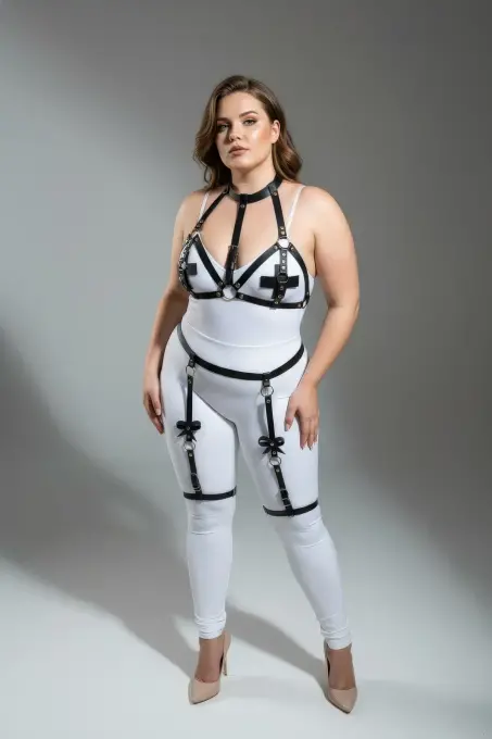 Büyük Beden Siyah Kadın Deri Jartiyer Harness Büstiyer Detaylı Fantazi Takım - APFT310 - 2