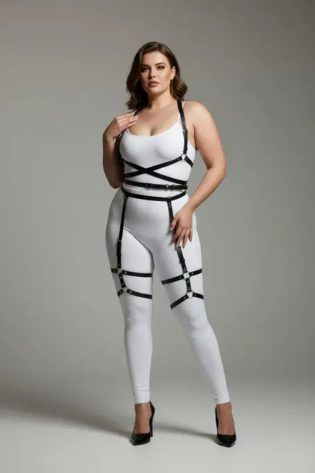 Büyük Beden Siyah Kadın Deri Jartiyer Harness Vücudu Saran Şık Kombin Aksesuarı - APFT274 - 1