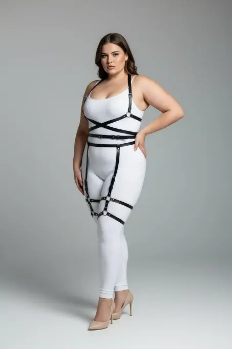 Büyük Beden Siyah Kadın Deri Jartiyer Harness Vücudu Saran Şık Kombin Aksesuarı - APFT274 - 2