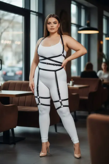 Büyük Beden Siyah Kadın Deri Jartiyer Harness Vücudu Saran Şık Kombin Aksesuarı - APFT274 - 4