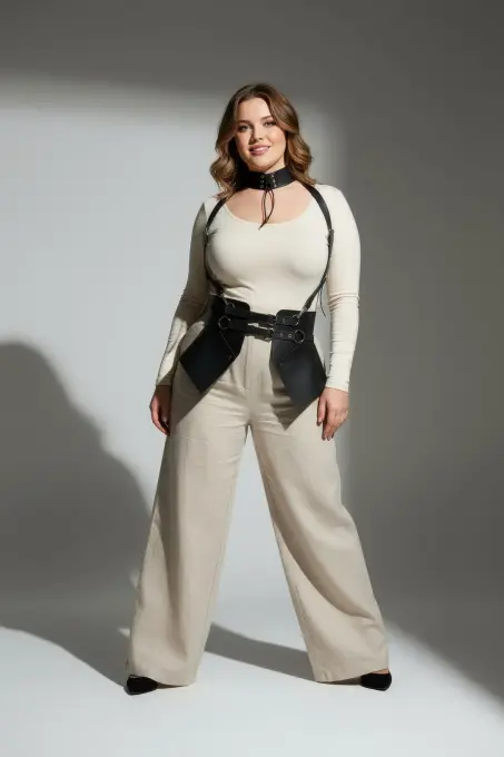 Büyük Beden Siyah Kadın Deri Kemer Boyun Bağlantılı Korse Harness - APFT622 - 9