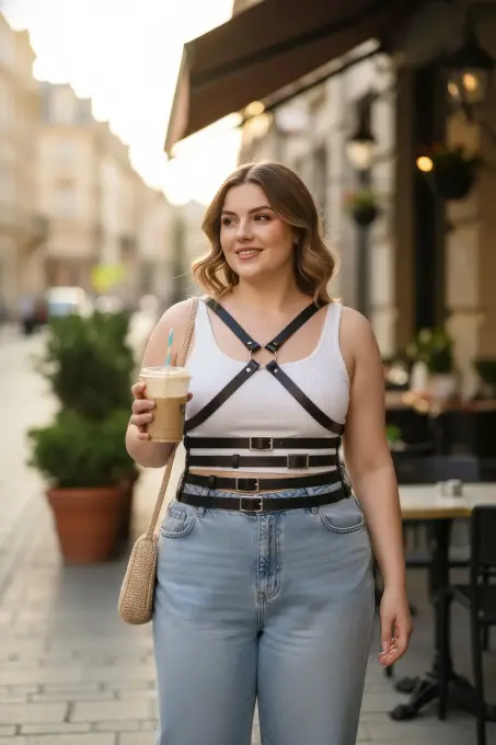 Büyük Beden Siyah Kadın Deri Kemer Çapraz Askılı Body Harness Vücut Aksesuarı - APFT911 - 1