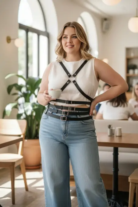 Büyük Beden Siyah Kadın Deri Kemer Çapraz Askılı Body Harness Vücut Aksesuarı - APFT911 - 2