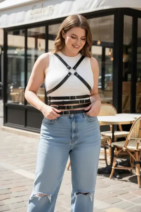 Büyük Beden Siyah Kadın Deri Kemer Çapraz Askılı Body Harness Vücut Aksesuarı - APFT911 - 3