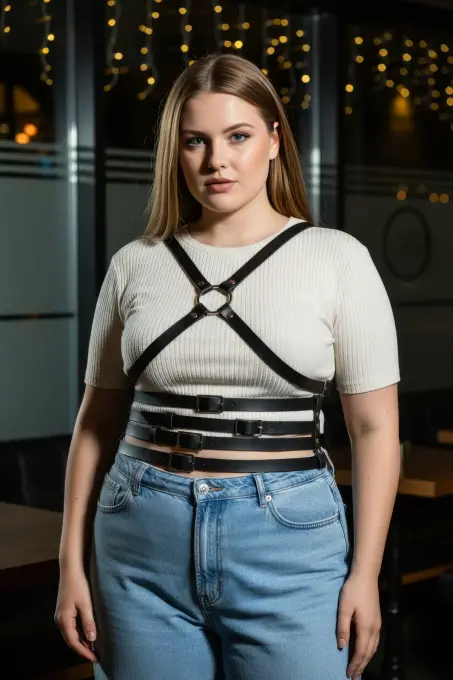 Büyük Beden Siyah Kadın Deri Kemer Çapraz Askılı Body Harness Vücut Aksesuarı - APFT911 - 4