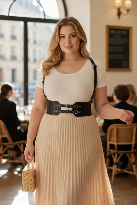 Büyük Beden Siyah Kadın Deri Kemer Geniş Korse Görünümlü Omuz Askılı - APFT853 - 1