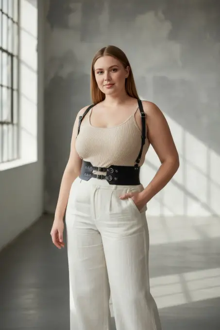 Büyük Beden Siyah Kadın Deri Kemer Geniş Korse Görünümlü Omuz Askılı - APFT853 - 2