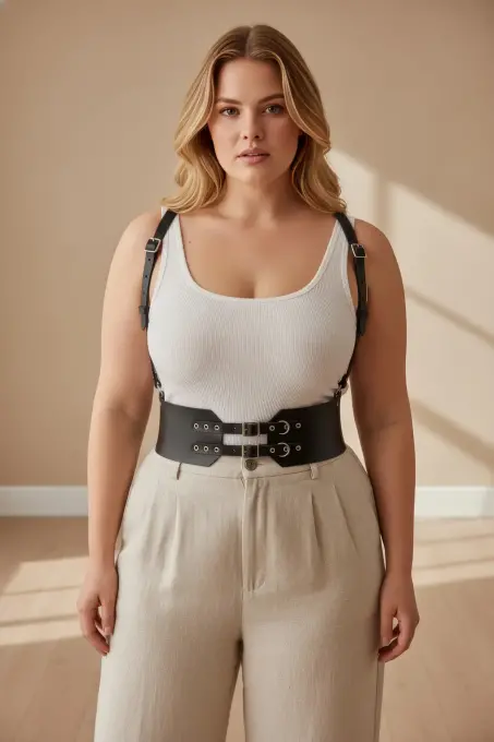 Büyük Beden Siyah Kadın Deri Kemer Geniş Korse Görünümlü Omuz Askılı - APFT853 - 3