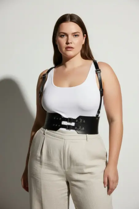 Büyük Beden Siyah Kadın Deri Kemer Geniş Korse Görünümlü Omuz Askılı - APFT853 - 5