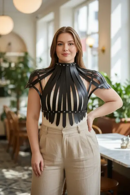 Büyük Beden Siyah Kadın Deri Kemer Korse Tarzı Zımba Detaylı Vücut Aksesuarı - APFT1257 - 1