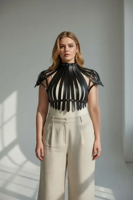 Büyük Beden Siyah Kadın Deri Kemer Korse Tarzı Zımba Detaylı Vücut Aksesuarı - APFT1257 - 3