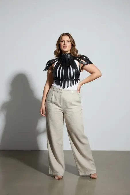 Büyük Beden Siyah Kadın Deri Kemer Korse Tarzı Zımba Detaylı Vücut Aksesuarı - APFT1257 - 4