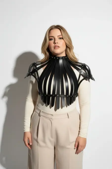 Büyük Beden Siyah Kadın Deri Kemer Korse Tarzı Zımba Detaylı Vücut Aksesuarı - APFT1257 - 5