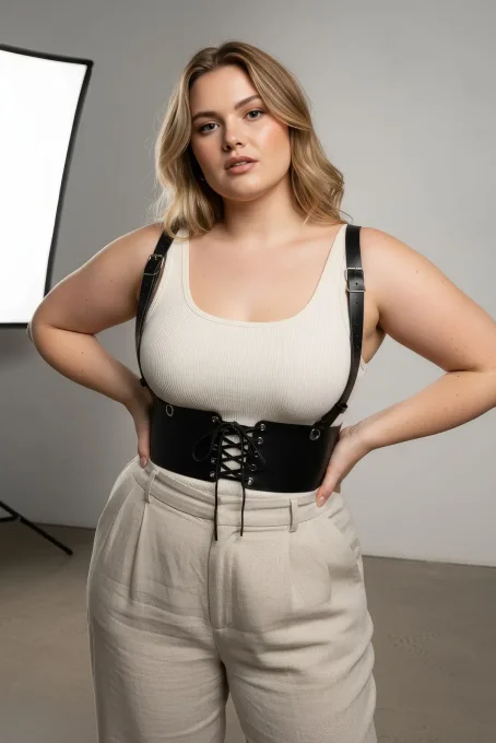 Büyük Beden Siyah Kadın Deri Kemer Omuz Askılı Bağcıklı Korse - APFT1429 - 1