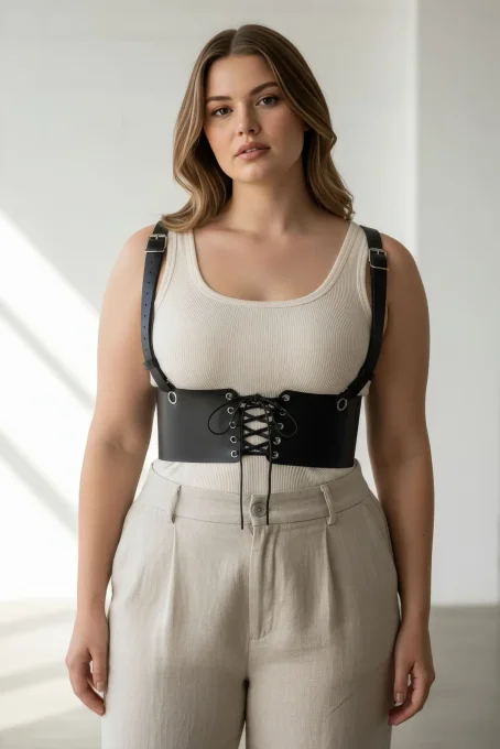 Büyük Beden Siyah Kadın Deri Kemer Omuz Askılı Bağcıklı Korse - APFT1429 - 3