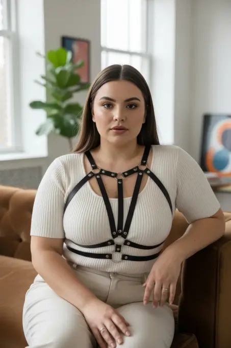 Büyük Beden Siyah Kadın Deri Kemer Vücut Harness Kombin Aksesuarı - APFT114 - 3