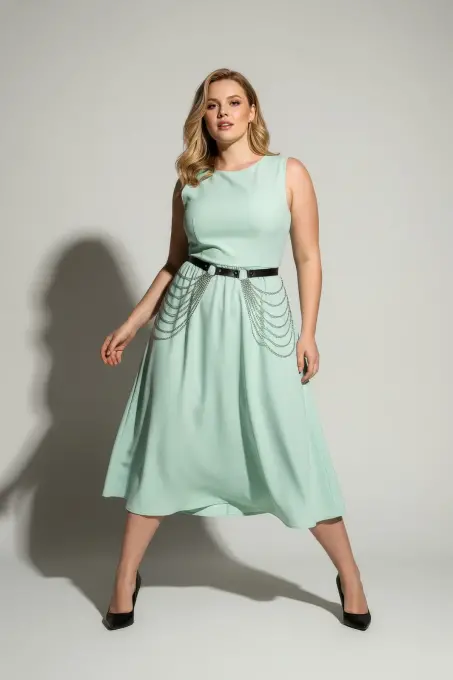 Büyük Beden Siyah Kadın Deri Kemer Zincir Detaylı Elbise Üstü - APFT391 - 1