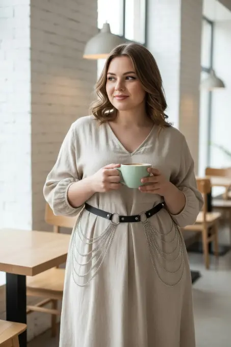 Büyük Beden Siyah Kadın Deri Kemer Zincir Detaylı Elbise Üstü - APFT391 - 3